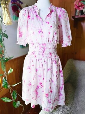 Nine West Pink Watercolor Print Smocked Waist Blouson Mini Dress Size Small